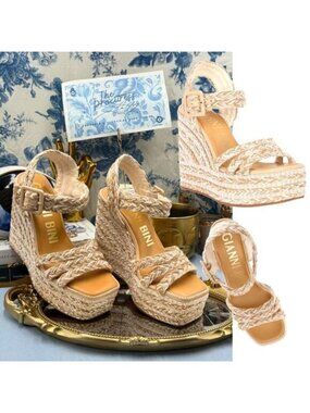 🆕 GIANNI BINI 🧿 NWOB Santi Woven Beaded Wedge Sandal - Neutral Woven Sz US 7.5